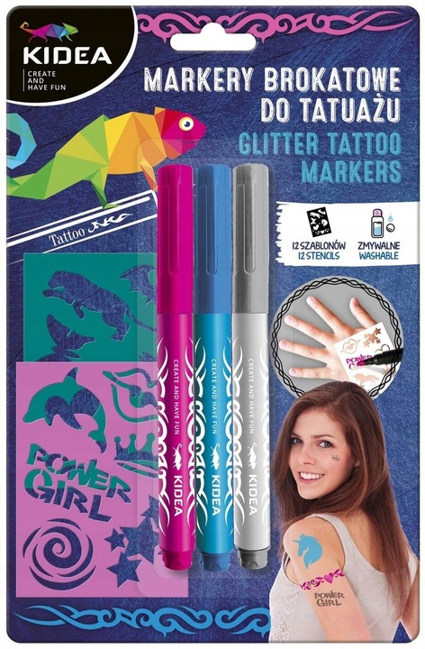 Kidea Markery Brokatowe do tatuażu z szablonami x 2 zestawy 6 kolorów