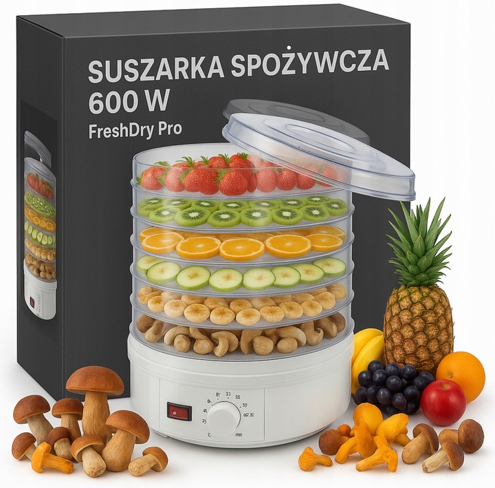 SUSZARKA SPOŻYWCZA DO GRZYBÓW OWOCÓW WARZYW REGULACJA 5 POZIOMÓW 600W