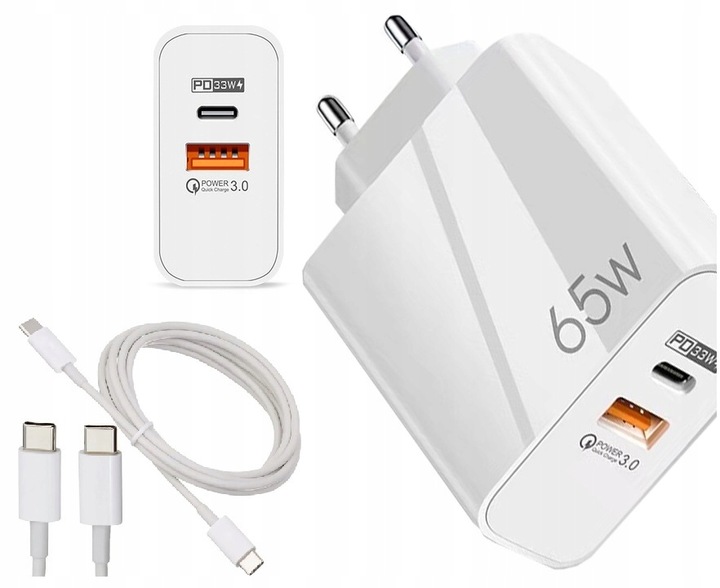 SZYBKA ŁADOWARKA 65W GaN USB-C USB-A FAST CHARGER PD QC + KABEL TYP C