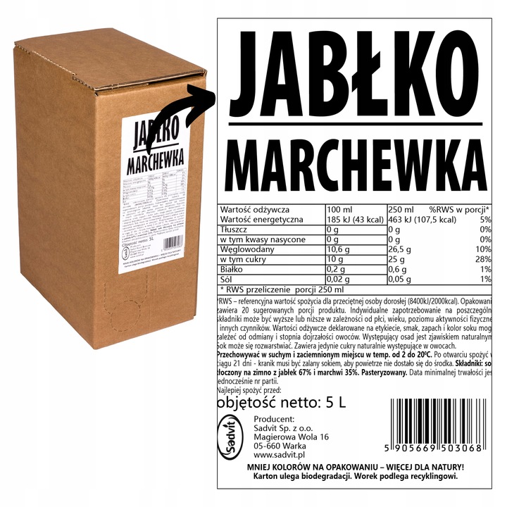 Sok jabłko marchewka tłoczony naturalny 100% 5L z marchwi i jabłek, zdrowy