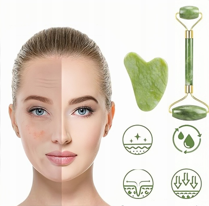 3w1 Masażer do twarzy KAMIEŃ GUA SHA z jadeitu zestaw roller wałek masażu