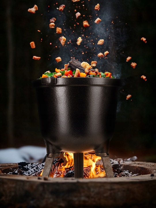 KOCIOŁEK MYŚLIWSKI ŻELIWNY EMALIOWANY GARNEK STOJĄCY NA OGNISKO 10L