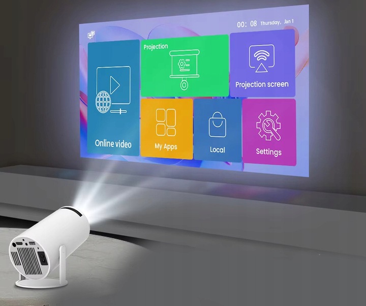 PROJEKTOR RZUTNIK ANDROID TV WIFI FULL HD PRZENOŚNY SMART GŁOŚNIK OBROTOWY