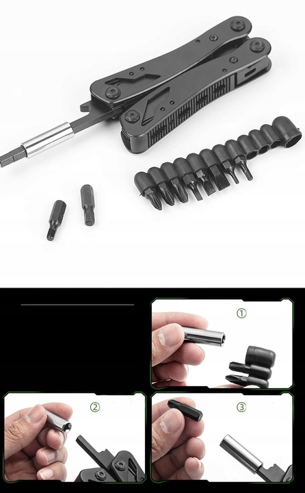 MULTITOOL NARZĘDZIE WIELOFUNKCYJNE SCYZORYK 21w1 ZESTAW BITÓW ETUI ZESTAW