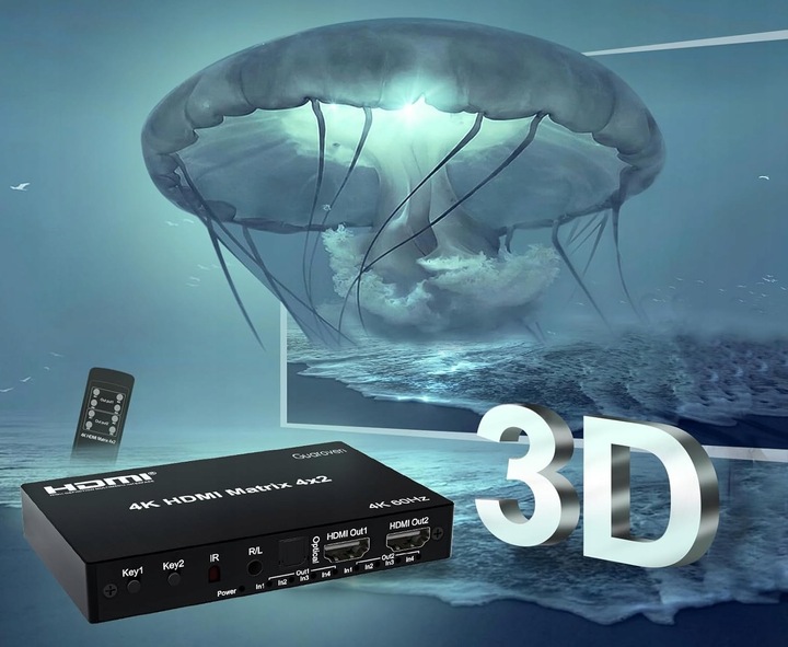 Matrix HDMI Switch Splitter 4x2 4K HDCP Rozdzielacz Toslink Jack + Pilot IR