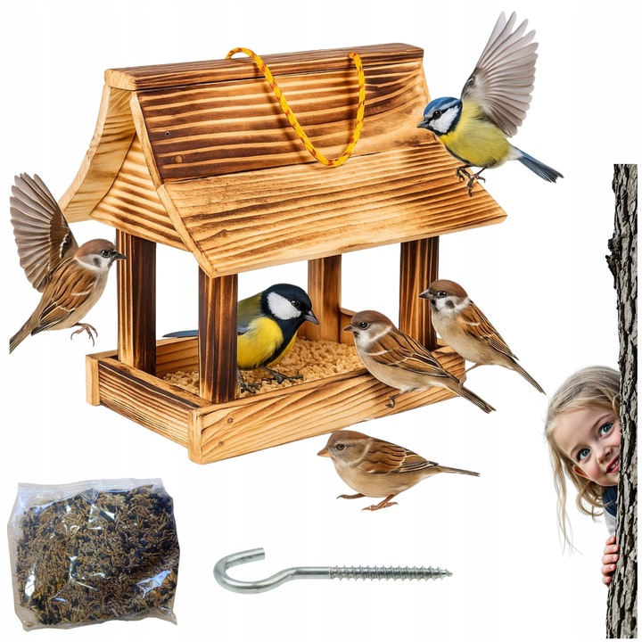 Karmnik dla ptaków + ziarno pokarm duży drewniany budka solidny XXL