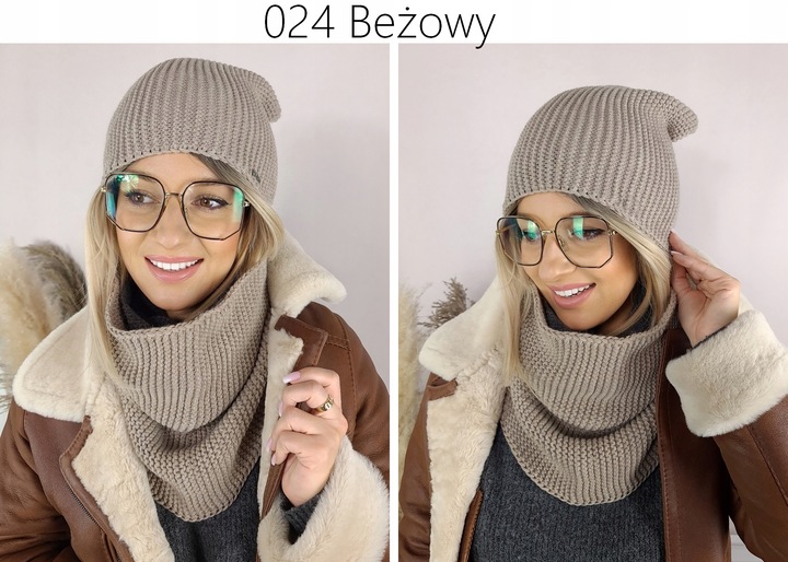 CIEPŁY KOMPLET CZAPKA + KOMIN damski POLSKI zimowy szal CIEMNA
