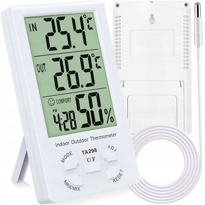 STACJA POGODOWA TERMOMETR ZEWNĘTRZNY HIGROMETR LCD ZEGAR Z SONDĄ