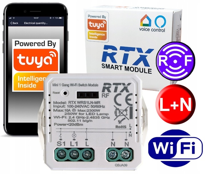 RTX Mini Przekaźnik Sterownik Oświetlenia Moduł 1kanał LN TUYA WiFi