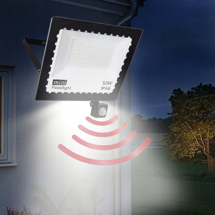HALOGEN LED 50W NAŚWIETLACZ SLIM CZUJNIK RUCHU ZEWNĘTRZNY DO MAGAZYNU