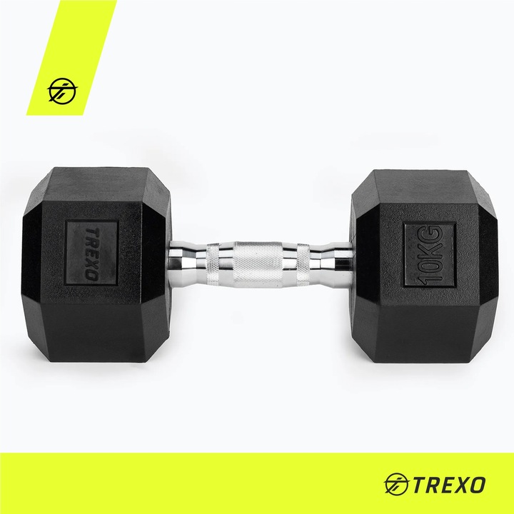 Hantel ogumowany TREXO Hex 10 kg ANTYPOŚLIZGOWOŚĆ HEKSAGONALNE SOLIDNE
