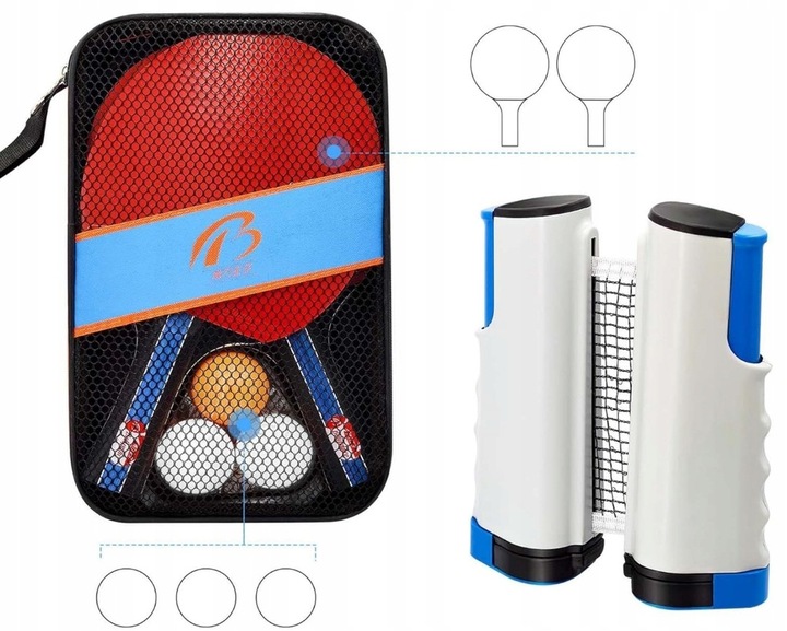 ZESTAW RAKIETEK DO TENISA STOŁOWEGO Z SIATKĄ + 3 PIŁKI DO PING PONGA