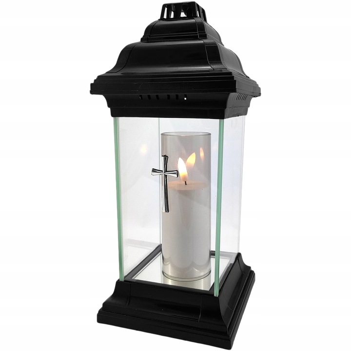 Znicz kapliczka szklany prosty lampion z krzyżem czarny 31cm