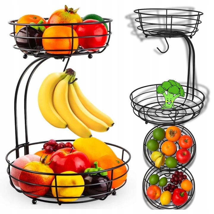 KOSZ NA OWOCE I WARZYWA Koszyk Stojak Piętrowy Czarny Dwupoziomowy