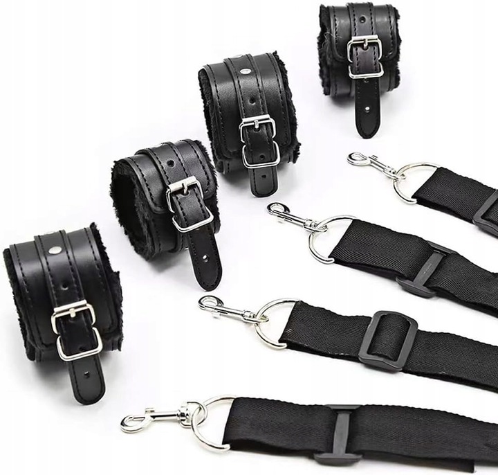 ZESTAW KAJDANEK BDSM Z PASAMI POD MATERAC ŁÓŻKO I MASKA NA OCZY Z EKOSKÓRY