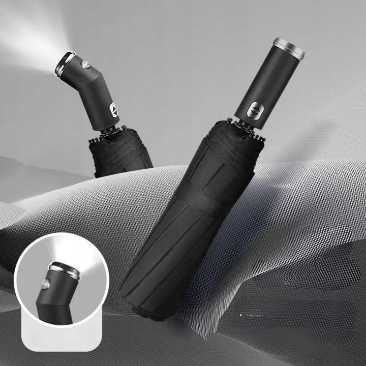 PARASOLKA AUTOMATYCZNA Z LATARKĄ LED PARASOL SKŁADANY PEŁEN AUTOMAT CZARNY