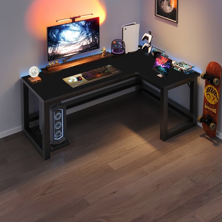 BIURKO NAROŻNE GAMINGOWE KOMPUTEROWE DUŻE NOWOCZESNE CZARNE 140 CM