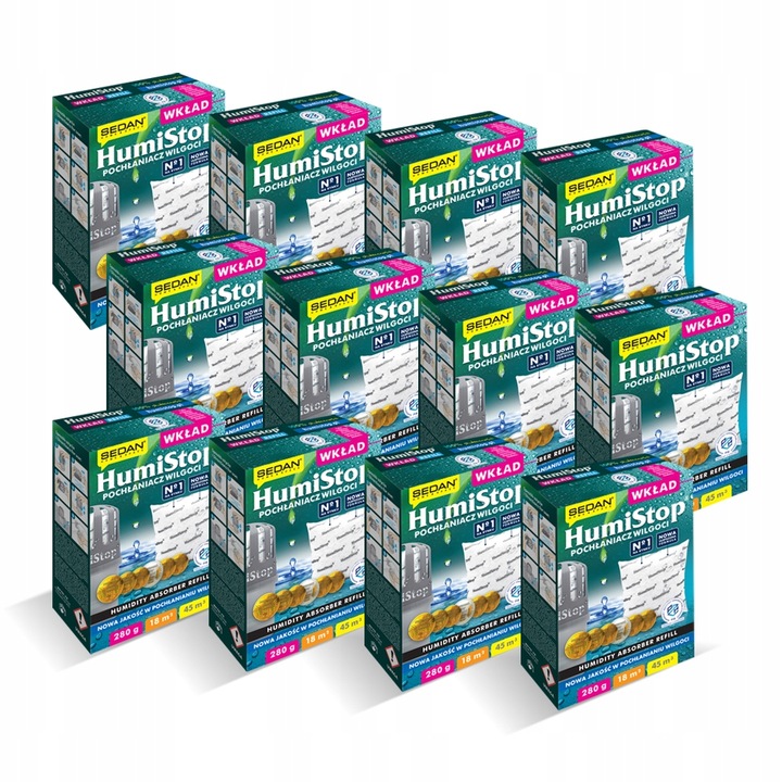 MEGA zestaw WKŁADY HUMISTOP POCHŁANIACZ WILGOCI Atest PZH Polski 10+2