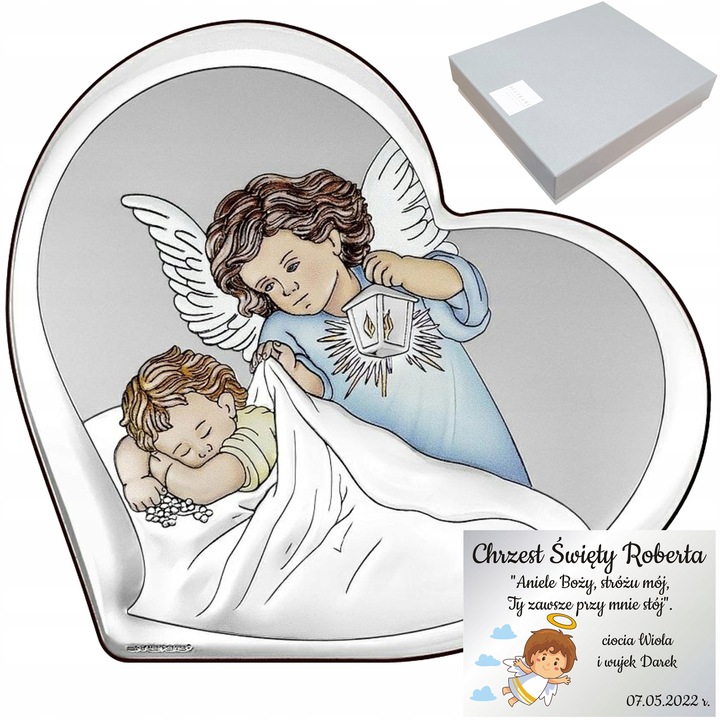 Obrazek Srebrny Pamiątka Chrztu Świętego Prezent na Chrzest + DEDYKACJA