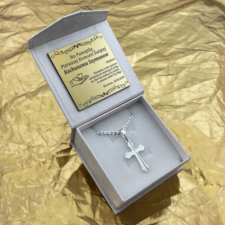 SREBRNY ŁAŃCUSZEK PANCERKA + KRZYŻYK PR 925 + GRAWER DLA CHŁOPCA NA KOMUNIĘ