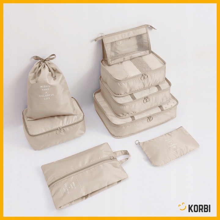 ZESTAW ORGANIZERÓW ORGANIZER PODRÓŻNY WALIZKI SZAFY UBRAŃ KOMPLET 8szt BEŻ