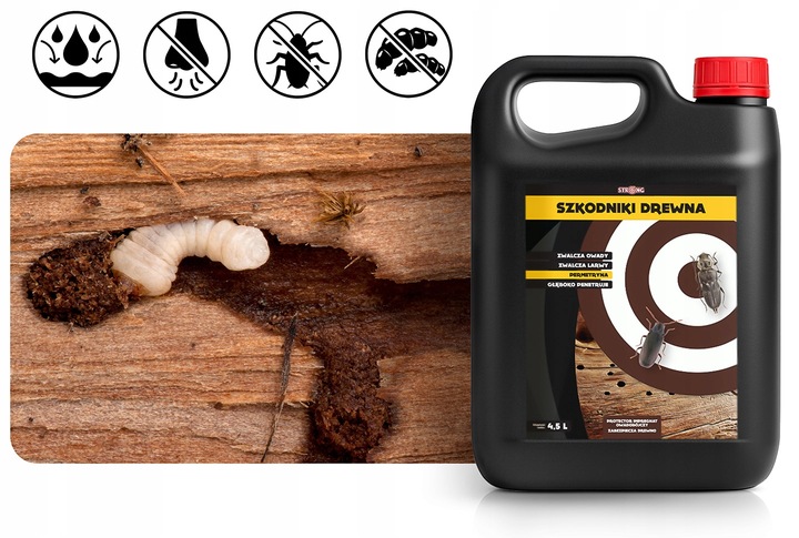 STRONG NA SZKODNIKI DREWNA KORNIKI SPUSZCZELE KOŁATKI PERMETRYNA 4,5L