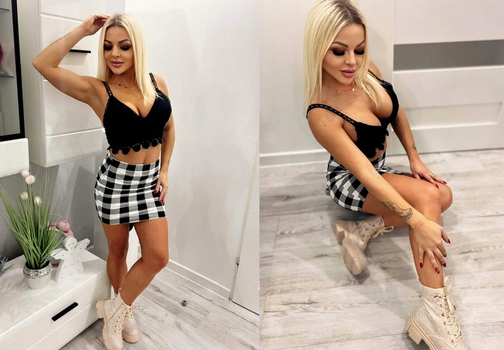 SPÓDNICZKA MINI w KRATKĘ obcisła OŁÓWKOWA na GUMCE S/M