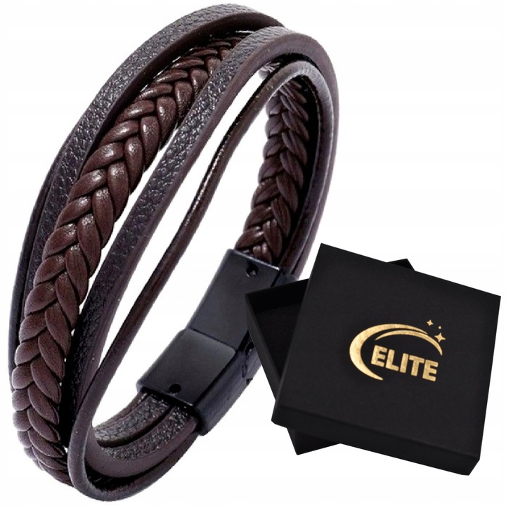 BRANSOLETKA MĘSKA BRĄZ RZEMYK STAL NIERDZEWNA W PUDEŁKU CRYSTAL NA PREZENT