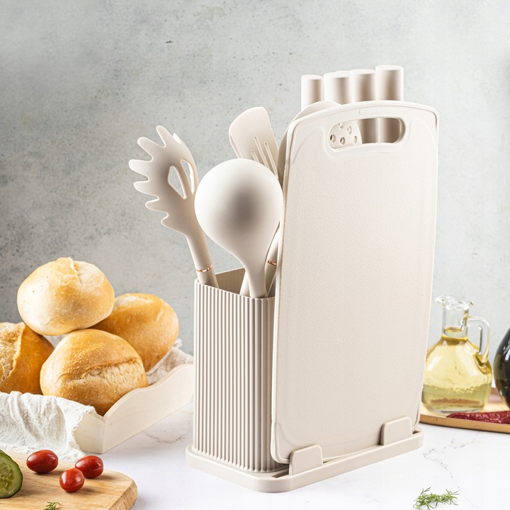 Komplet 5 Noży + Zestaw 5 przyborów kuchennych + deska do krojenia + Stojak