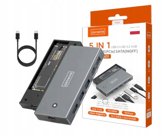 HUB Obudowa Kieszeń dysk SSD M2 NVME PCIe SATA USB-C 3.2 HDMI Adapter M.2