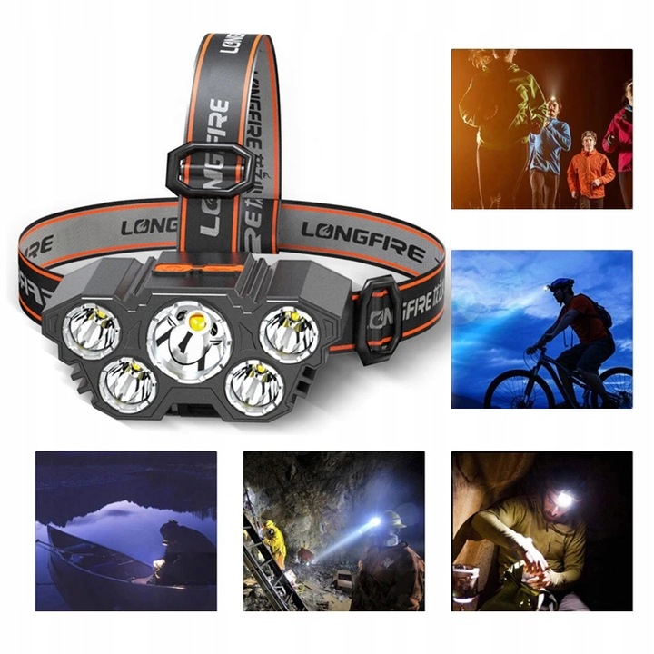 MOCNA LATARKA CZOŁOWA NA GŁOWĘ CZOŁÓWKA 5 LED CREE XPE T6 AKUMALOTOR