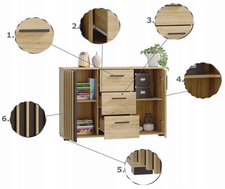 KOMODA Z LAMELAMI SZUFLADY SZAFKI 120 CM NOWOCZESNA LOFT POJEMNA