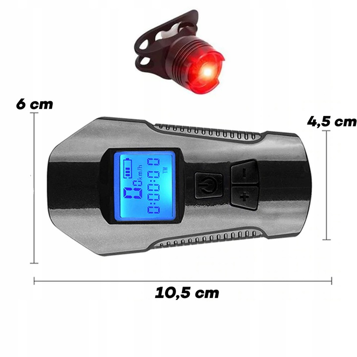 LAMPKA ROWEROWA LED LICZNIK KM PRĘDKOŚCIOMIERZ DZWONEK PRZÓD + TYŁ