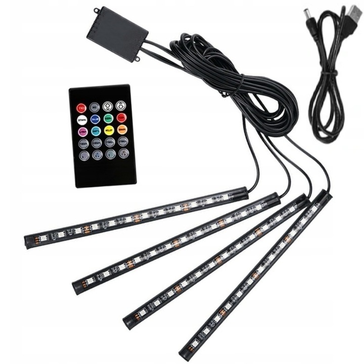 TAŚMA LED DO SAMOCHODU Z PILOTEM OŚWIETLENIE AUTA RGB 5050 DO WNĘTRZA USB