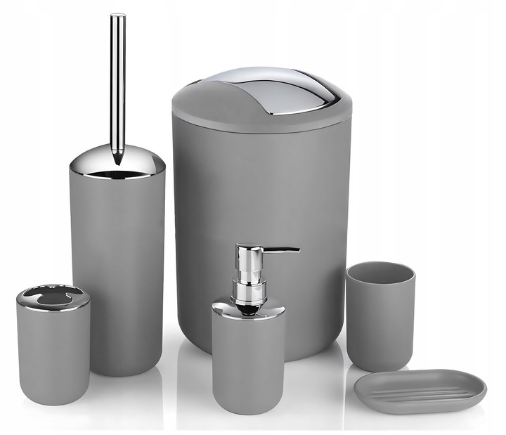 ZESTAW ŁAZIENKOWY 6 ELEMENTÓW AKCESORIA DO WC KOSZ DOZOWNIK SZARY