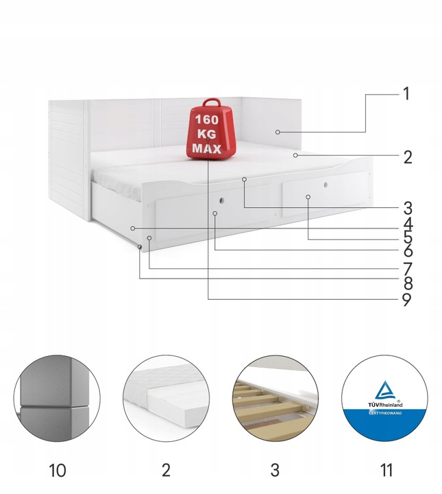 Łóżko Hermes rozkładane + Materace 80x200+szuflady