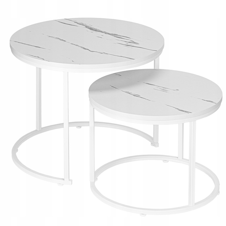 STOLIK KAWOWY OKRĄGŁY 2W1 BIAŁY MARMUR ZESTAW 2 STOLIKÓW KAWOWYCH