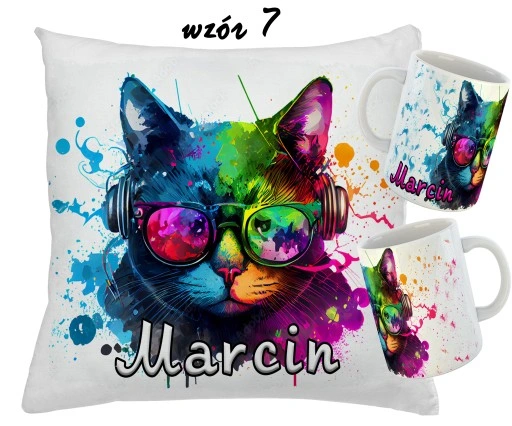 Zestaw KUBEK + PODUSZKA KOTY KOT + RÓŻNE WZORY + IMIĘ UNIKALNY WYJĄTKOWY