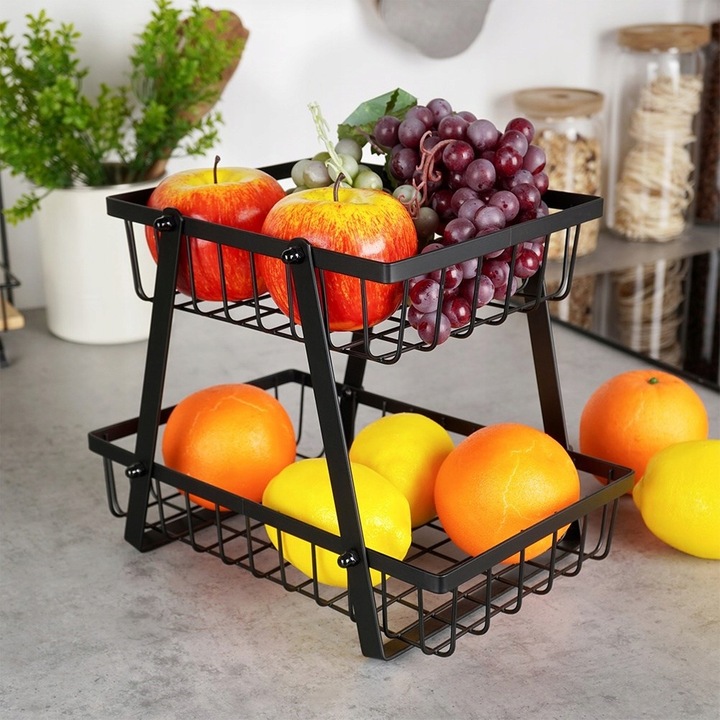 Koszyk DWUPOZIOMOWY 2 piętrowy na owoce warzywa metalowy czarny patera