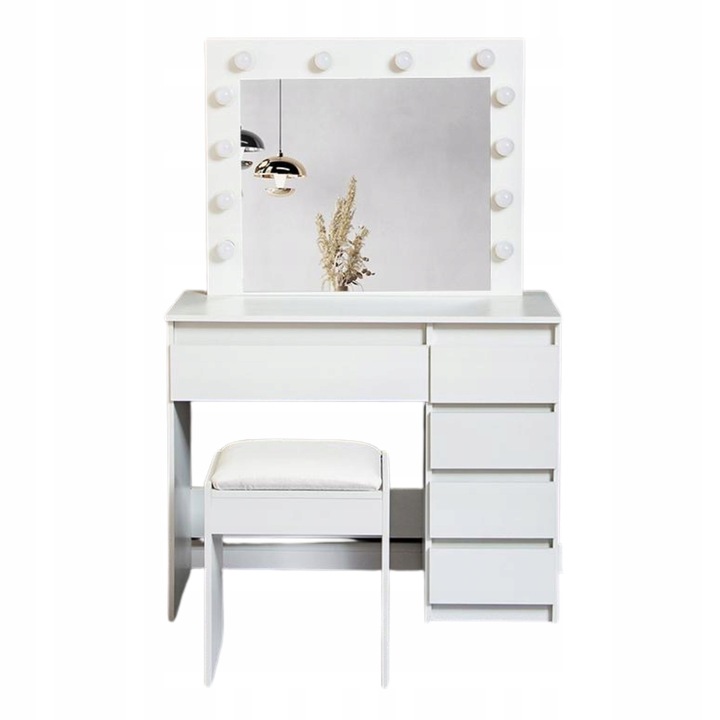 TOALETKA KOSMETYCZNA BIAŁA Reha M z OŚWIETLENIEM Z LUSTREM LED TABORETEM
