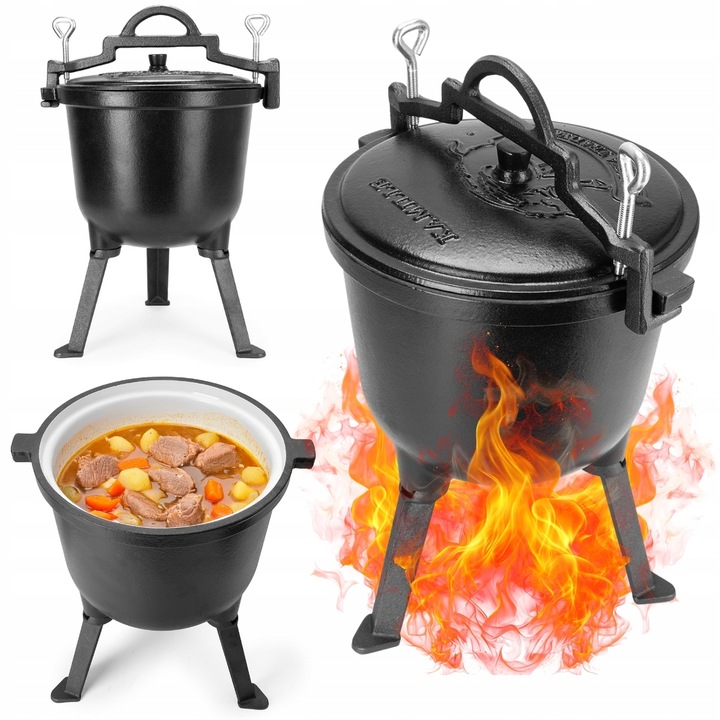 KOCIOŁEK MYŚLIWSKI ŻELIWNY EMALIOWANY GARNEK STOJĄCY NA OGNISKO 10L