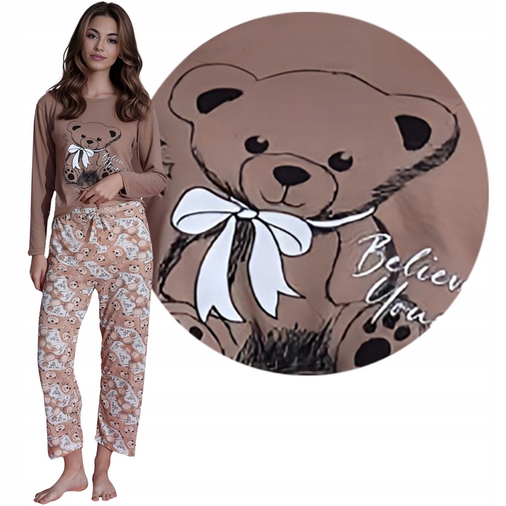 NETi Przewiewna i Delikatna Bawełniana Piżama Damska z Długim Rękawem Brown