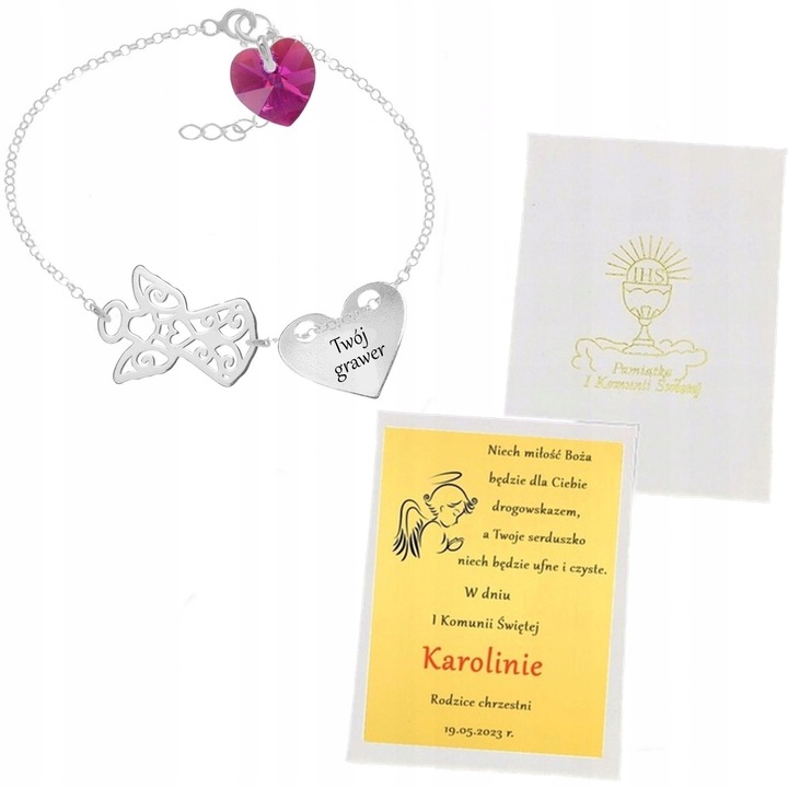 SREBRNA BRANSOLETKA ANIOŁEK I KOMUNIA ŚW. SERCE SWAROVSKI GRAWER