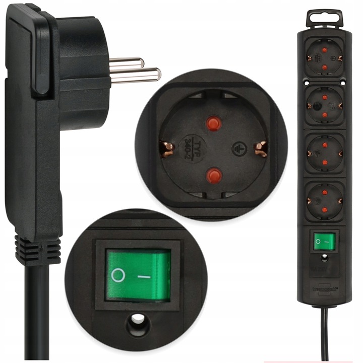 Przedłużacz 4 Gniazda Listwa z PŁASKĄ Wtyczką Do Ciasnych Miejsc Kabel 2m