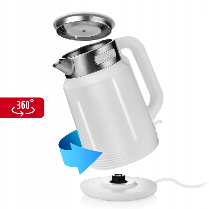 CZAJNIK ELEKTRYCZNY BEZPRZEWODOWY 2200W MOCNY BIAŁY STALOWY DUŻY 2,0L