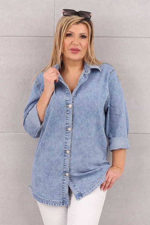 ASYMETRYCZNA JEANSOWA KOSZULA DUŻE ROZMIARY LUŹNA OVERSIZE ELEGANCKA