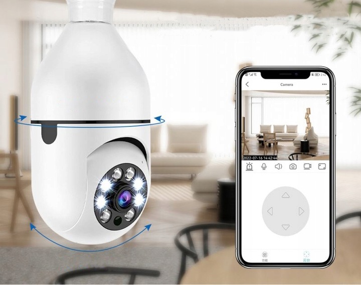 Kamera Obrotowa Panoramiczna 360 Zamiast Żarówki Nagrywanie Nocne Wi-FI IP