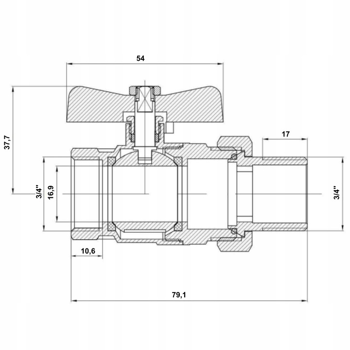 ZAWÓR KUREK KULOWY GW 3/4'' CALA DN20 ZE ŚRUBUNKIEM I DŁAWICĄ MOTYLEK
