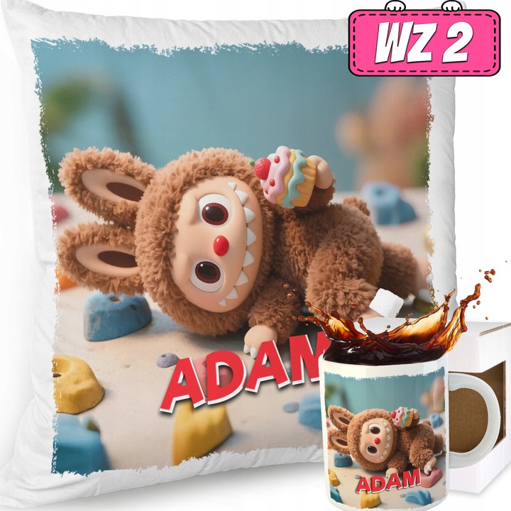 ZESTAW PODUSZKA KUBEK SŁODKI POTWOREK LABUBU LALKA WZORY PREZENT IMIĘ