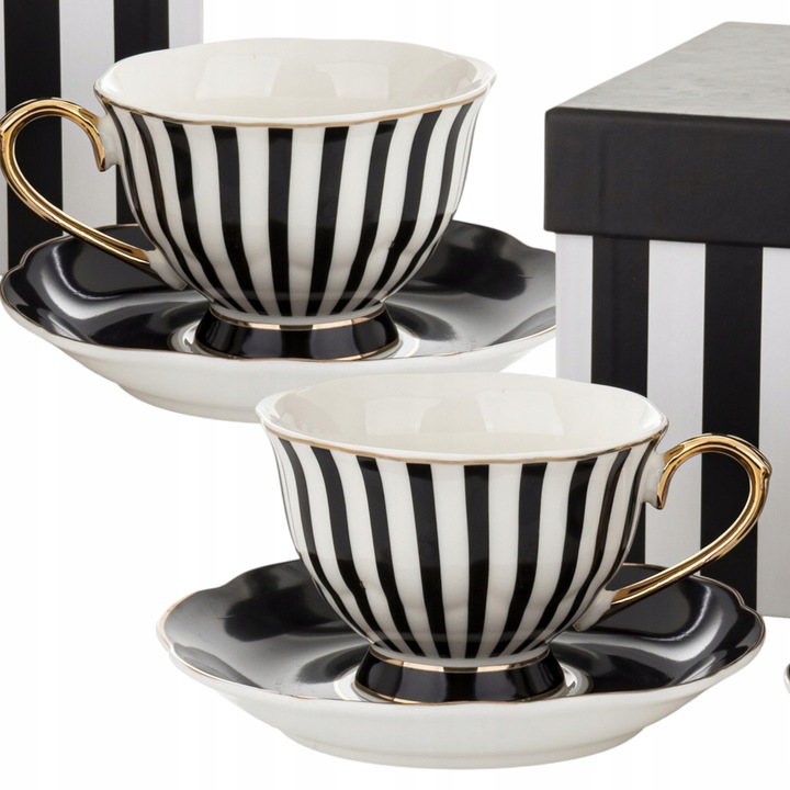 Komplet filiżanek porcelanowych 220 ml 2szt. biało-czarne złote zestaw